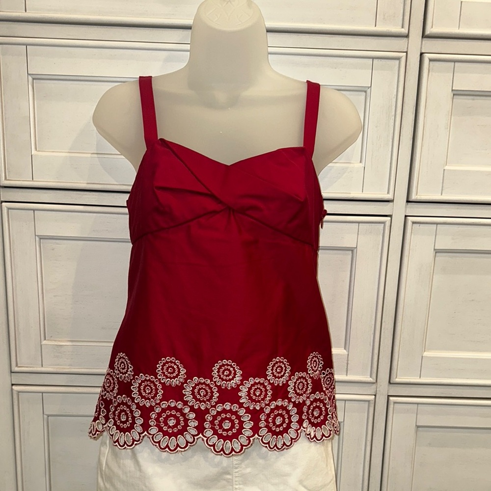 LOFT Red Sleeveless Tie Front Embellished Tank
